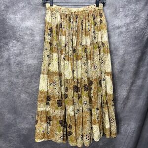 Y2K White Stag Patchwork Tiered Maxi Skirt Size M Tan Floral Peasant Boho Fairy